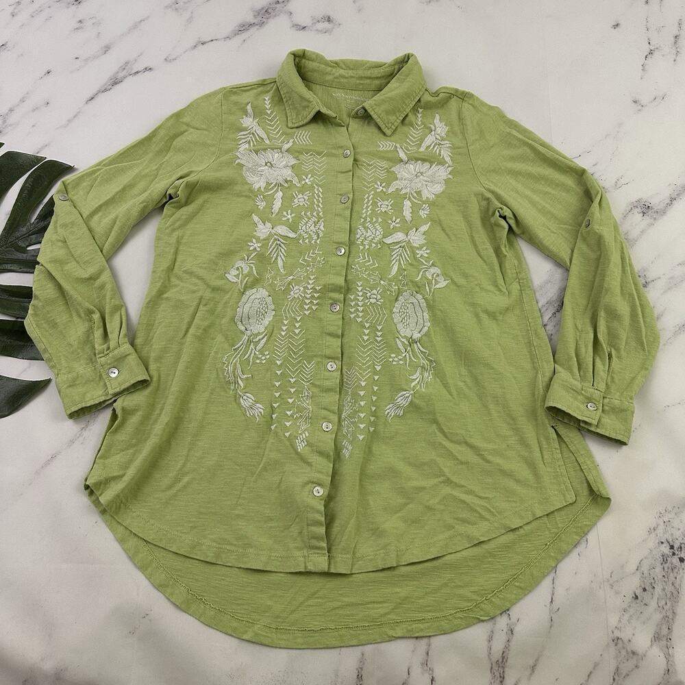 Soft Surroundings Embroidered Top Size M Mint Green White Floral Button Up